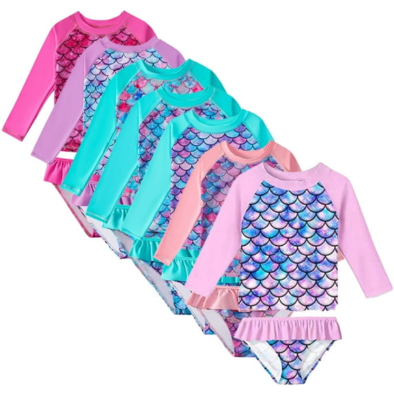 FLMEI 4-9 Years Girls Printed Swimsuit Rash Guard Long Sleeve Swimwear Beach Two Piece Bathing Suit for Toddler Kids