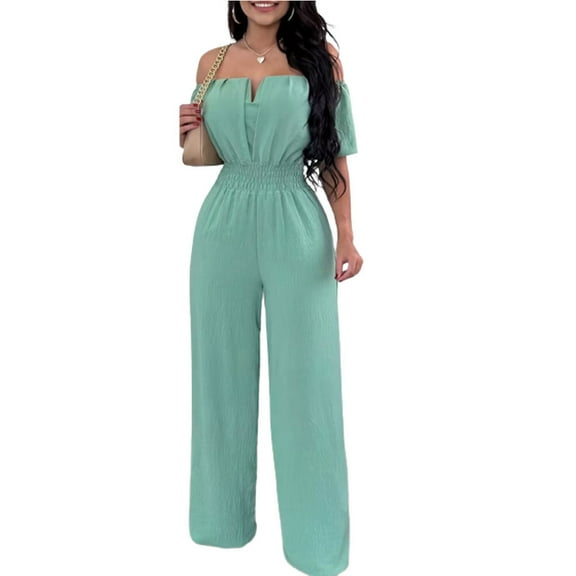 FLMEI A Neckline Jumpsuits for Womens Casual Loose Romper Summer Waisted Wide Leg Pants Outfits Straight One-Piece Trousers for Women's S-XL