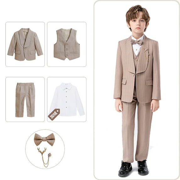 FLMEI Boy Suits 6 Piece Slim Fit Suit for Kids Toddler Boy Tuxedo Set Formal Set Wedding Ring Bearer Outfit for 1-14Y