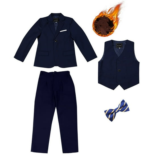 FLMEI Boy's 4-Piece Formal Suit Set Little Big Girls Boy Tuxedo Set Includes Suit Jacket, Fleece Comfort Waist Dress Pants,Dress Shirt,Necktie & Bow Tie for 5-16Y