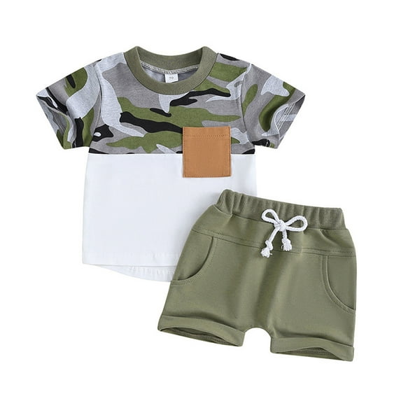 FLMEI Boys Summer Short-Sleeved T-Shirt 2PCS Outfit for Newborn Baby Camouflage Crewneck Cotton Tees + Solid Colours Shorts Cartoonr Set 3M-3Y