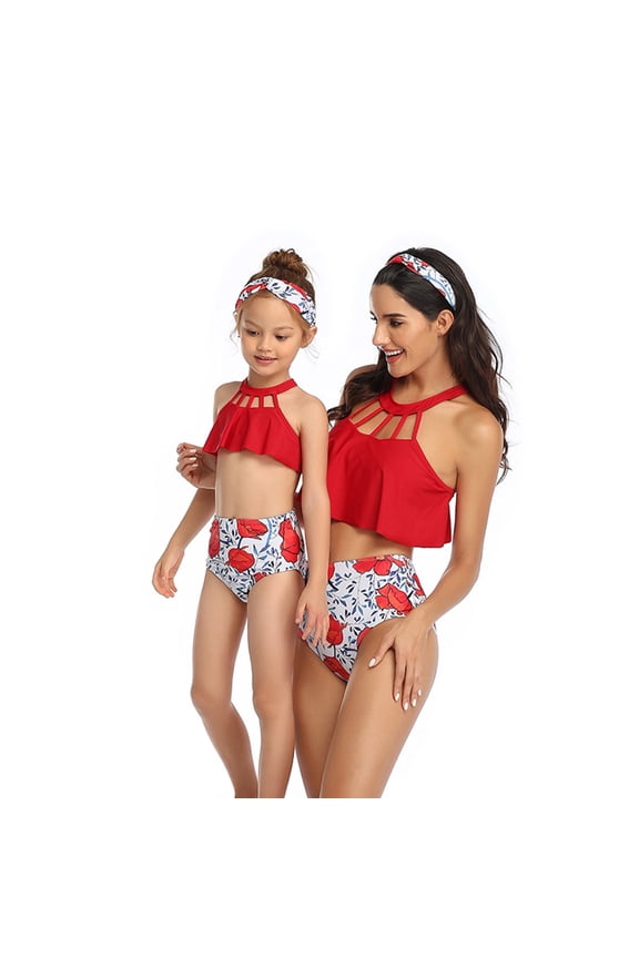 Family Mother Daughter Swimsuits 2PCS Parent-Child Girls Bikini Women Bathing Suit Set for Toddler Kids Mom Two Piece Halter Swimwear