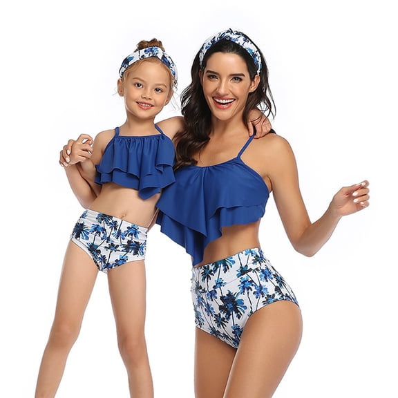 FLMEI Family Swimwear Two Pieces Parent-Child Bikini Set Ruffles Tank Tops Swimwear Halter for Kids Toddler Mom Bathing Suits
