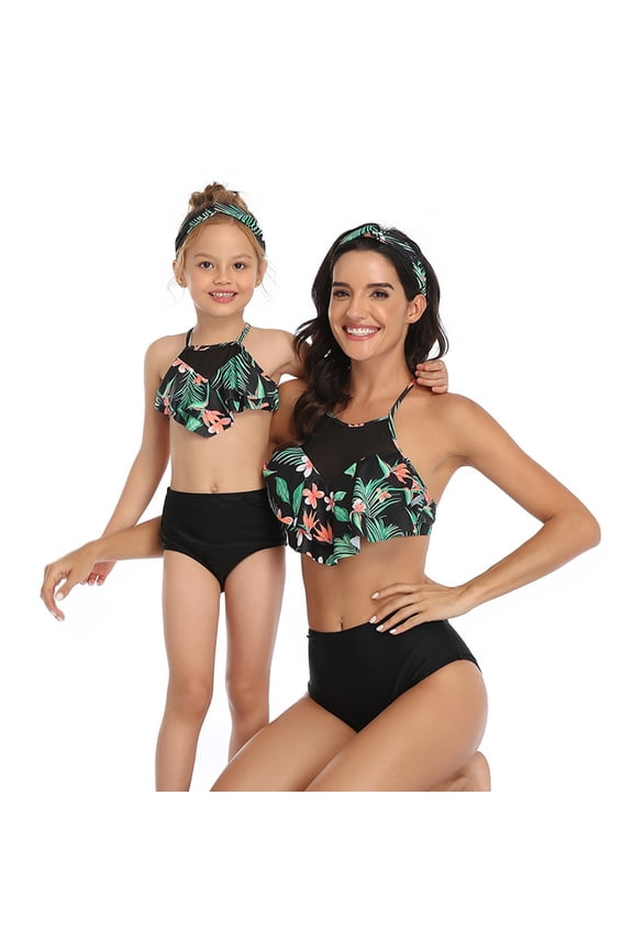 Family Swimwear Two Pieces Parent-Child Bikini Set Ruffles Tank Tops Swimwear Halter for Kids Toddler Mom Bathing Suits