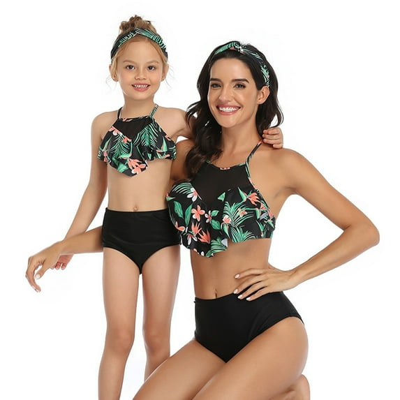 FLMEI Family Swimwear Two Pieces Parent-Child Bikini Set Ruffles Tank Tops Swimwear Halter for Kids Toddler Mom Bathing Suits