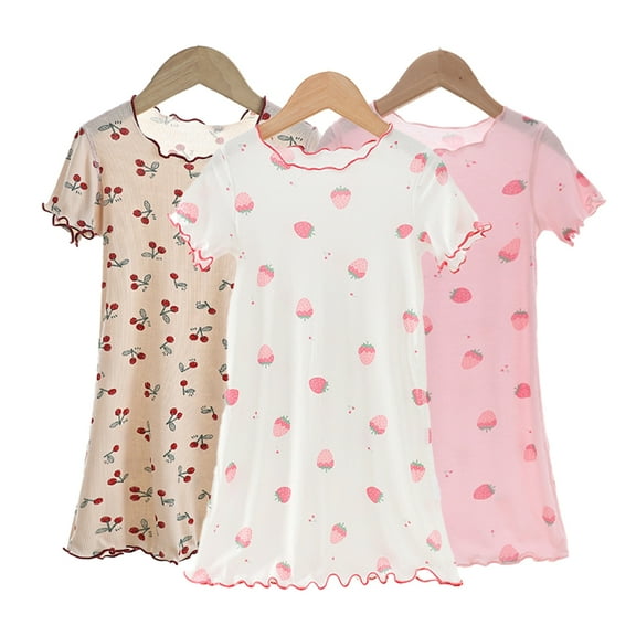 FLMEI Girls Summer Nightgowns for Kids Toddler Cotton Short Sleeve Pajamas Dress Printed Sleepwear Long Skirt Loungewear 3-10T