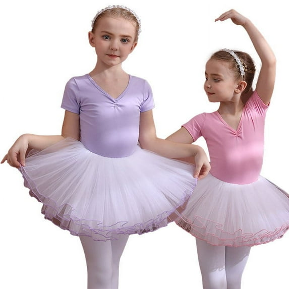 FLMEI Gymnastics Leotards for Girls Short-Sleeved Practice Clothing Girls Summer Biketards Cotton Dance Outfit with Skirt for Toddler Kids 3-11 Years
