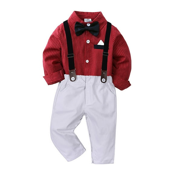 FLMEI Infant Baby Boys Formal Gentleman Outfits Suspender Pants 3PCS Sets, Kids Spring Fall Long Sleeve Striped Shirt   Bow Tie   Suspenders Pants Birthday 9 Months - 7 Years