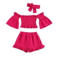 thumbnail image 1 of FLMEI Kids Baby Girls 3PCS Outfits Flared Sleeve off Shoulder Tops + Shorts + Hairband Set Toddler Solid Colours Summer Clothes 1-6 Years, 1 of 9