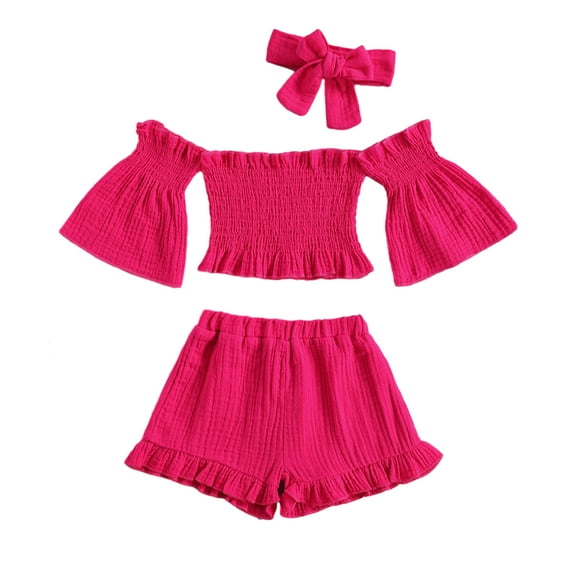 FLMEI Kids Baby Girls 3PCS Outfits Flared Sleeve off Shoulder Tops + Shorts + Hairband Set Toddler Solid Colours Summer Clothes 1-6 Years
