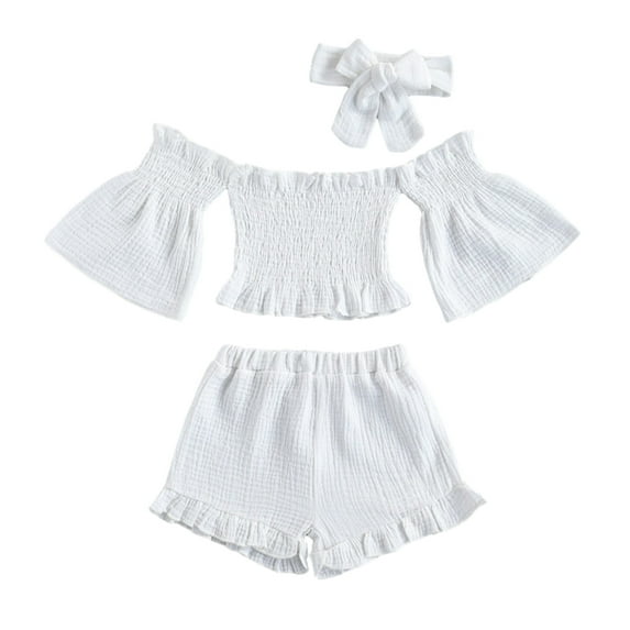 FLMEI Kids Baby Girls 3PCS Outfits Flared Sleeve off Shoulder Tops + Shorts + Hairband Set Toddler Solid Colours Summer Clothes 1-6 Years