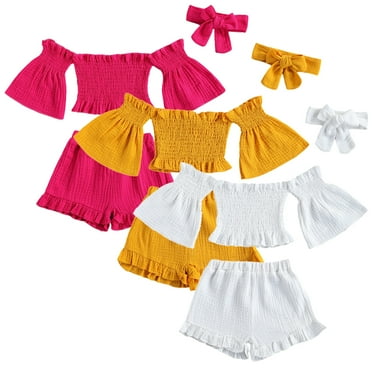 FLMEI Kids Baby Girls 3PCS Outfits Flared Sleeve off Shoulder Tops + Shorts + Hairband Set Toddler Solid Colours Summer Clothes 1-6 Years