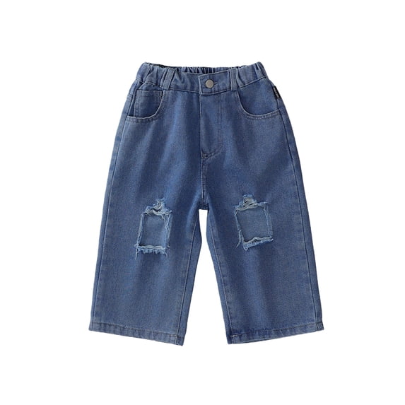 FLMEI Kids Baby Girls Ripped Denim Pants Washed Elastic Waist Casual Trousers Spring Fall Wide Leg Jeans Pants Size 1-8 Years