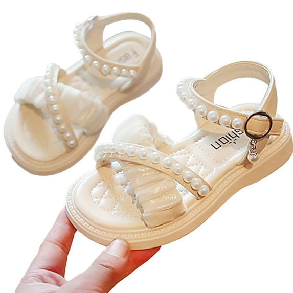 FLMEI Kids Baby Girls Sandals Open Toe Pearl Pendant Princess Flats Toddler Summer Shoes Dress Sandals for Girls