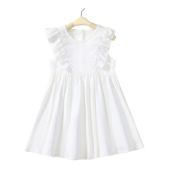 FLMEI Kids Toddler Girls Dresses Cotton Dress Solid Color Linen Ruffle Sleeveless 2-6Years Baby Casual Party Dresses