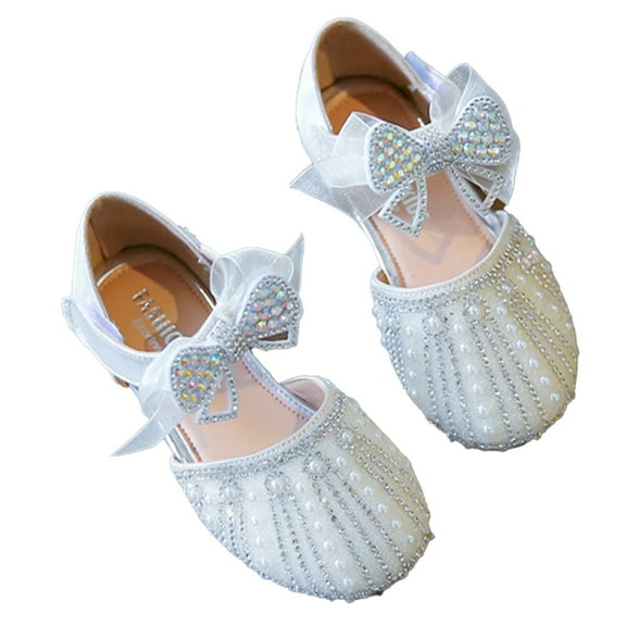 FLMEI Little Big Girls Dress Shoes Soft Bottom Rhinestone Princess Shoes Summer Student Flats Bowknot Sandals for Toddler Kids