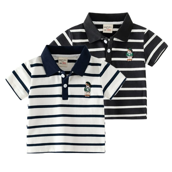 FLMEI Little Boys Summer Cotton T-Shirt Toddler Short Sleeve Lapel Tops Kids Striped Tees Shirt for Boys 1-8 Years