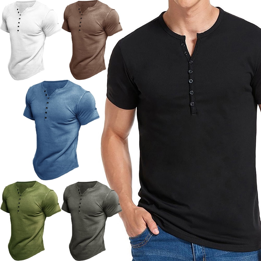 FLMEI Men's Henley Shirts Short Sleeve Casual T Shirts Summer Solid ...