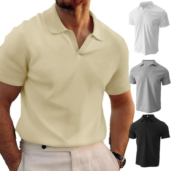 FLMEI Men's Lapel T-Shirt Short Sleeve Pullover Tops Summer Solid Color Casual Tee Shirt for Mens S-3XL