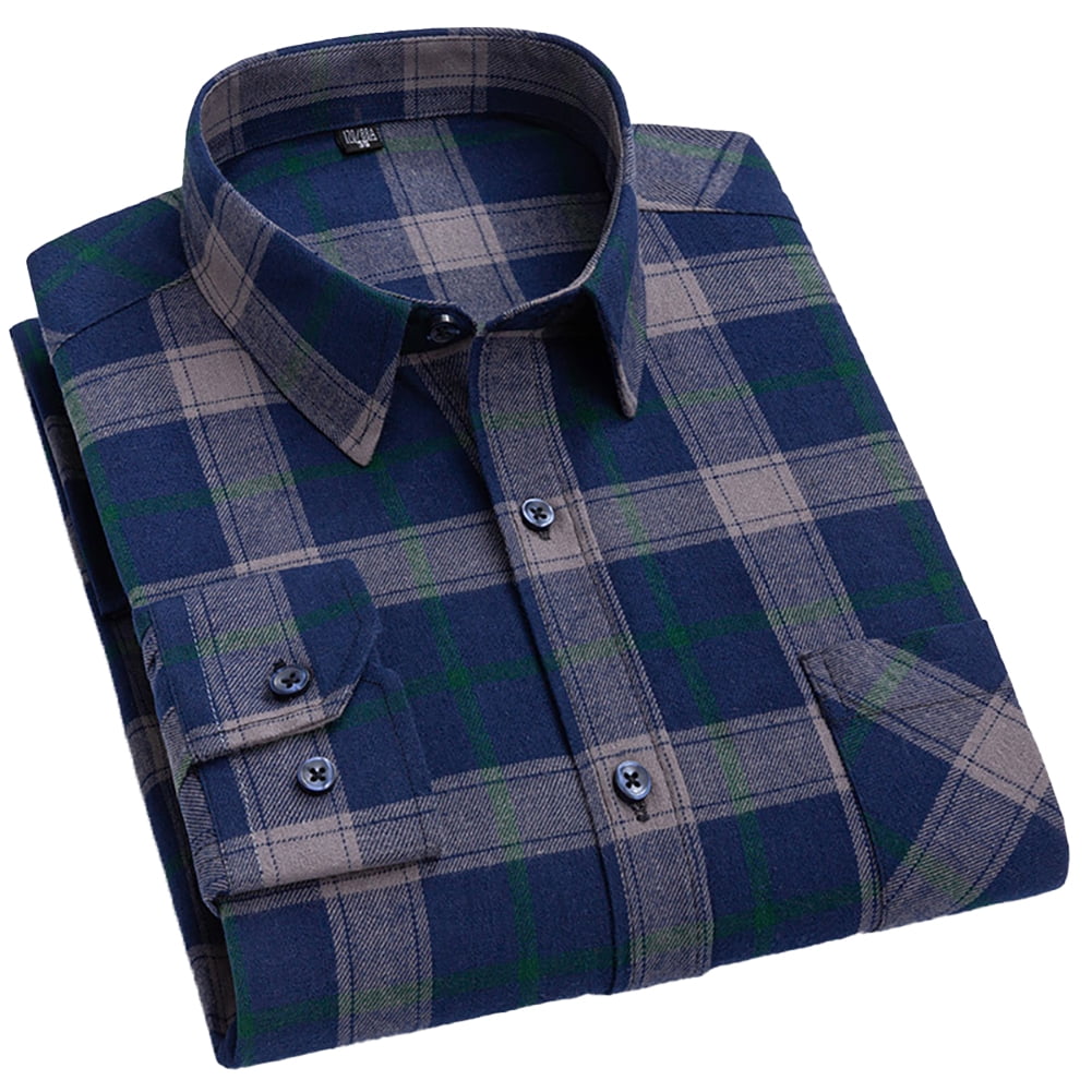 Flmei Men's Plaid Shirts Long Sleeve Blouses Cotton Button Tops Spring Fall Lapel Dress Shirts for Business Work Casual Size: 38-46