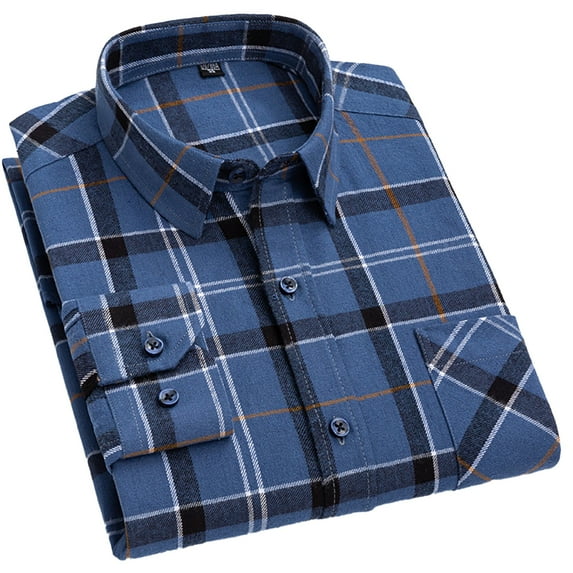 FLMEI Men's Plaid Shirts Long Sleeve Blouses Cotton Button Tops Spring Fall Lapel Dress Shirts for Business Work Casual Size: 38-46