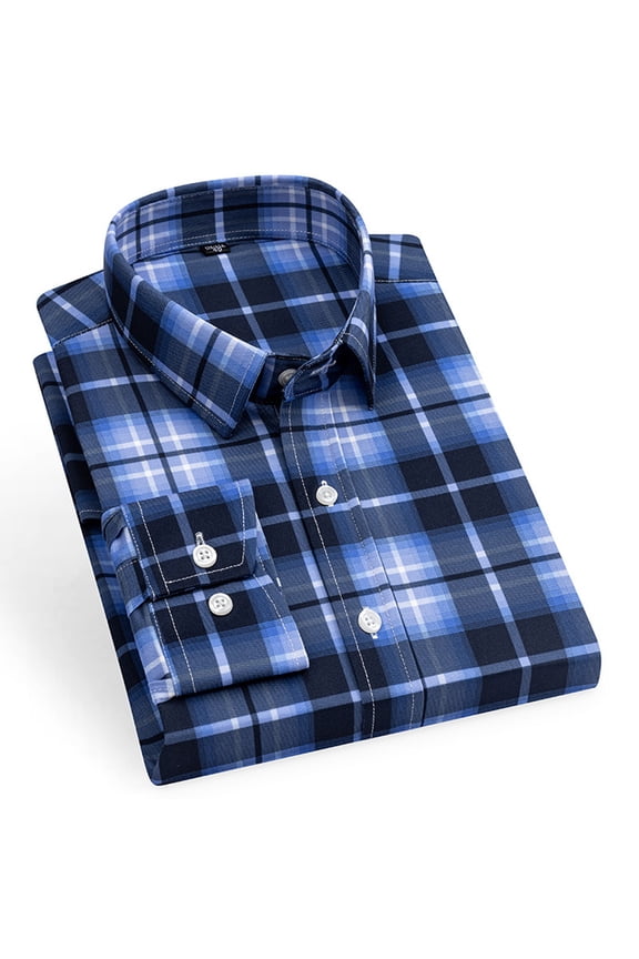 Men's Plaid Shirts Long Sleeve Non-iron Blouses Tops Lapel Loose Dress Shirts Easy Care Formal Shirts for Four Seasons Size 38-45