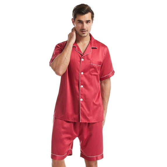 FLMEI Men's Satin Pajamas Sets Silk Button Down Nightwear Short Sleeve Sleepwear 2 Pieces Pjs Loungewear Casual with Shorts S-XL