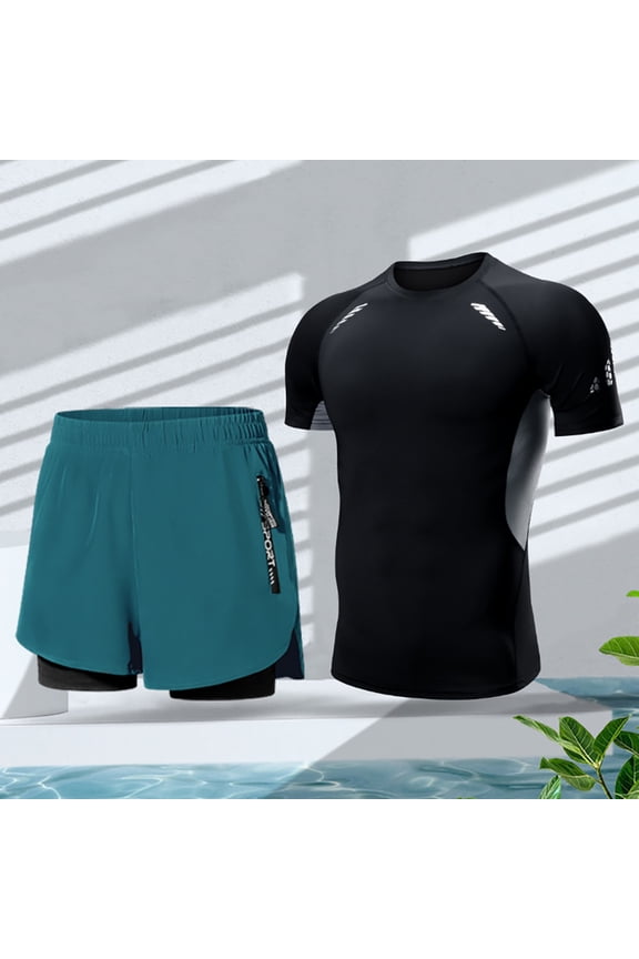 Men's Swim Shirts Set Short Sleeve Uv Sun Protection Quick Dry T-Shirt and Swim Trunks Summer Loose Bathing Suit 2PCS Outfit M-4XL