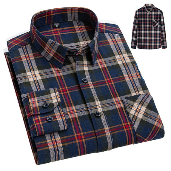 FLMEI Mens Button down Shirts 100%cotton Plaid Dress Shirts Men's Long Sleeve Slim Blouses Tops for Spring Fall Size: 38-46