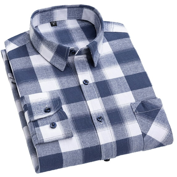 FLMEI Mens Button down Shirts 100%cotton Plaid Dress Shirts Men's Long Sleeve Slim Blouses Tops for Spring Fall Size: 38-46