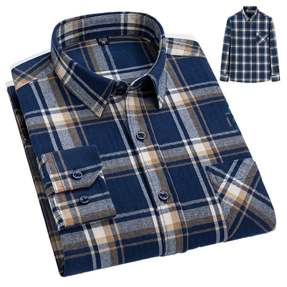 FLMEI Mens Button down Shirts 100%cotton Plaid Dress Shirts Men's Long Sleeve Slim Blouses Tops for Spring Fall Size: 38-46