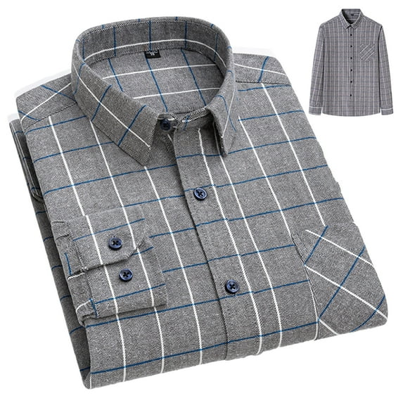 FLMEI Mens Button down Shirts 100%cotton Plaid Dress Shirts Men's Long Sleeve Slim Blouses Tops for Spring Fall Size: 38-46