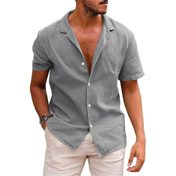 FLMEI Mens Button down Shirts Short Sleeve Cotton Linen Tops Loose Tees Lapel Solid Colour Breathable Shirt for Men S-XXL