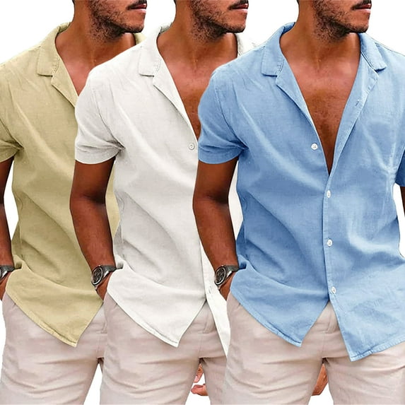 FLMEI Mens Button down Shirts Short Sleeve Cotton Linen Tops Loose Tees Lapel Solid Colour Breathable Shirt for Men S-XXL