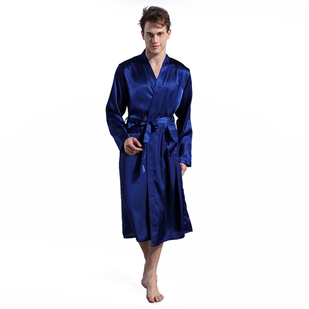 FLMEI Mens Satin Silk Robe Long Sleeve Kimono Bathrobe Male Soft Night ...