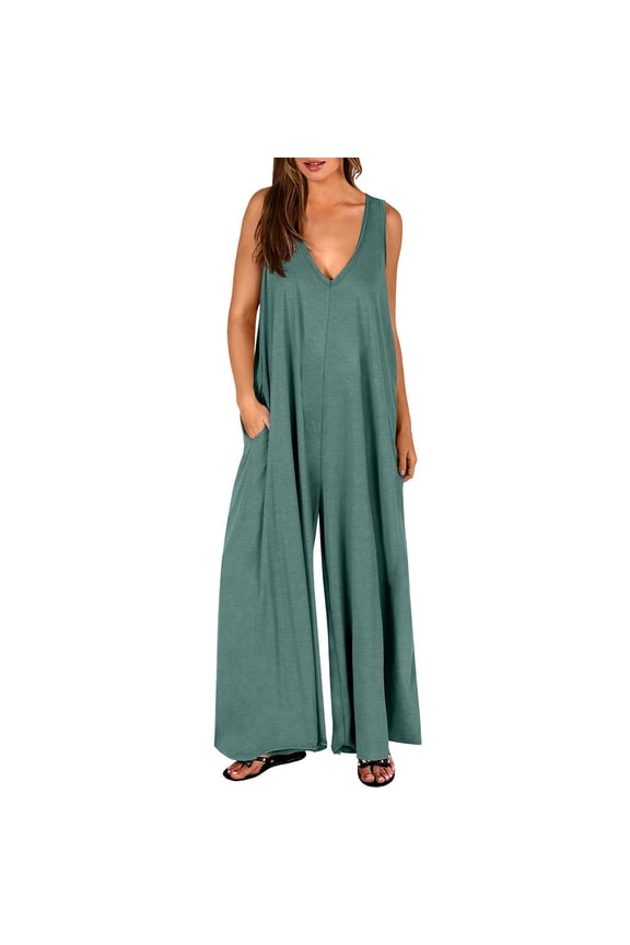 Plus Siz Jumpsuits for Women Casual Jumpers Summer Rompers Sleeveless Loose Wide Leg Overalls with Pockets S-3XL