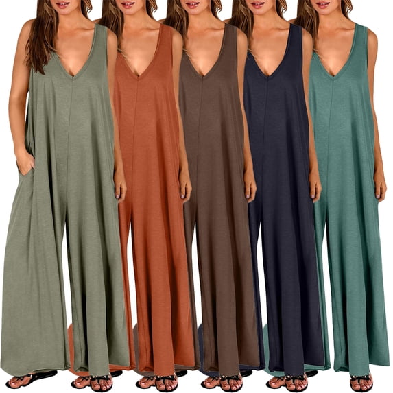 FLMEI Plus Siz Jumpsuits for Women Casual Jumpers Summer Rompers Sleeveless Loose Wide Leg Overalls with Pockets S-3XL