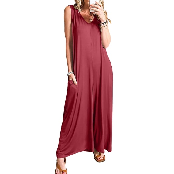 FLMEI Plus Siz Jumpsuits for Women Casual Jumpers Summer Rompers Sleeveless Loose Wide Leg Overalls with Pockets S-3XL
