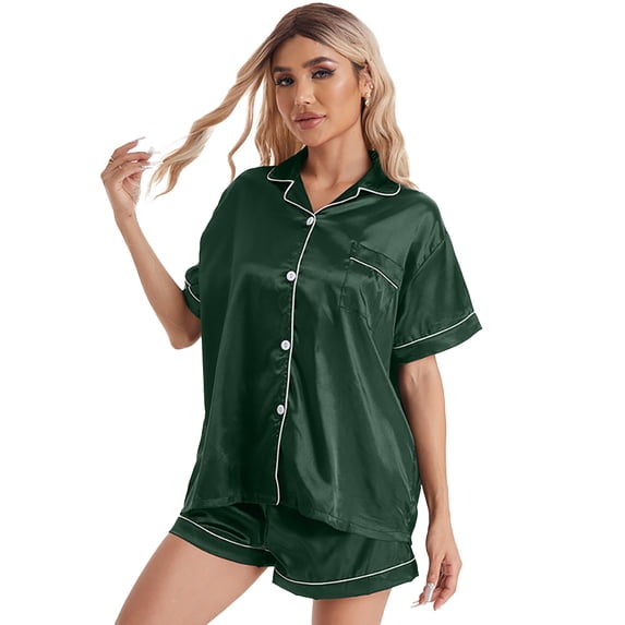 FLMEI Silk Pajamas 2PCS Set for Womens Short Sleeve Sleepwear Tops Shorts Soft Satin Button down Pjs Jammies Loungewear Outfit S-XL