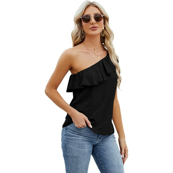 FLMEI Sleeveless Vest for Women's Summer Ruffled One Shoulder Vest Sleeveless Round Neck Solid Color Button Sleeveless Vest Tees Shirts S-XXL