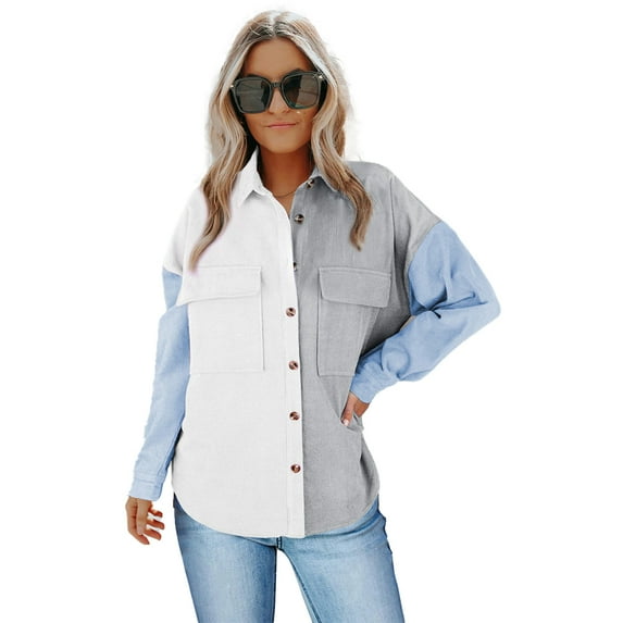 FLMEI Spring Fall Shirts for Women Casual Button-Down Blouses Long Sleeve Color Block Shirts Single-Breasted Tops for Women's S-XXL
