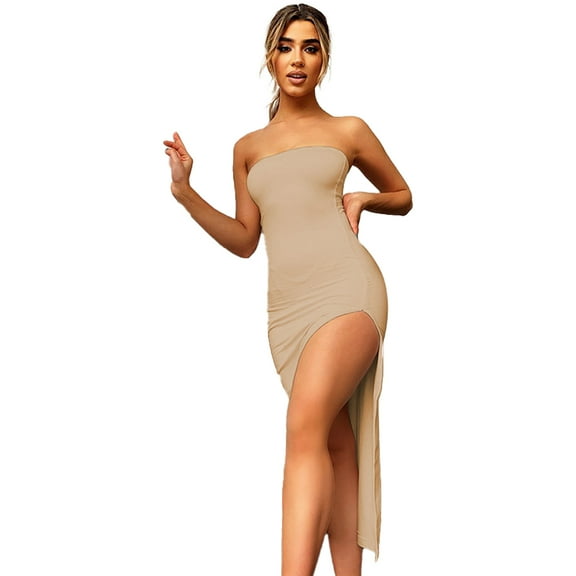 FLMEI Spring Hip Wrap Dresses for Womens Strapless Slit Dress Women's Fashion Sundresses Dress for Party Casual XS-L