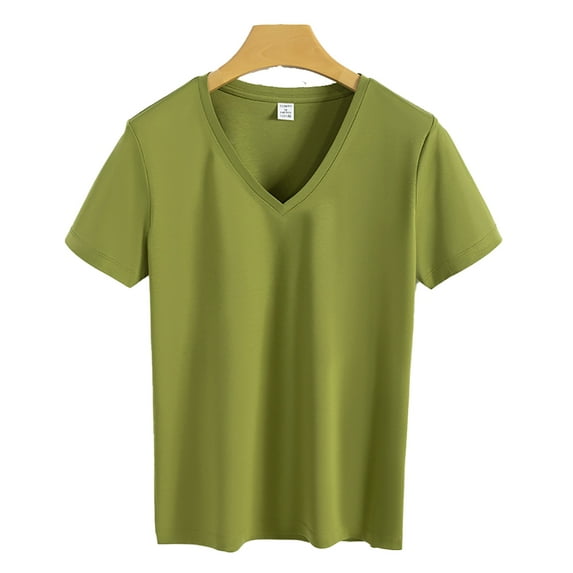 FLMEI Summer T Shirts for Women Casual V Neck Tops Short Sleeve Shirts Womens Loose Cotton Tees S-XXXL