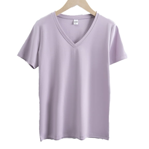 FLMEI Summer T Shirts for Women Casual V Neck Tops Short Sleeve Shirts Womens Loose Cotton Tees S-XXXL