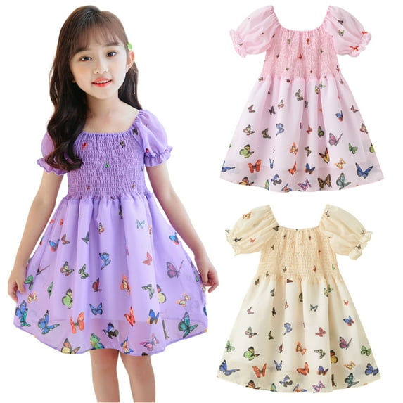 FLMEI Summer Toddler Kids Girl Casual Dress Bubble Sleeve Printed Dresses Three Colours Fashion Sundress 1-7T