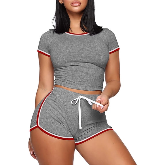 FLMEI Summer Tracksuit 2PCS Outfits for Womens Solid Colour Patchwork Short Sleeve T-Shirts and Shorts Jogger Set S-XXL