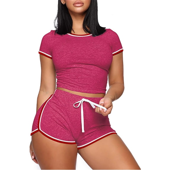 FLMEI Summer Tracksuit 2PCS Outfits for Womens Solid Colour Patchwork Short Sleeve T-Shirts and Shorts Jogger Set S-XXL
