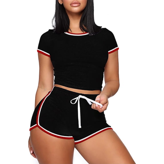 FLMEI Summer Tracksuit 2PCS Outfits for Womens Solid Colour Patchwork Short Sleeve T-Shirts and Shorts Jogger Set S-XXL