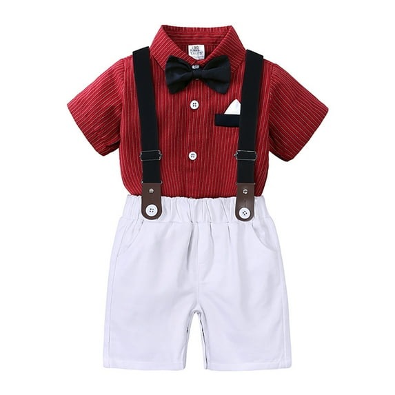 FLMEI Toddler Baby Boys Gentleman Outfits Infant Short Sleeve Dress Shirt + Suspender Shorts +bow Tie Summer Birthday Clothes Set 3PCS 6 Months - 7 Years