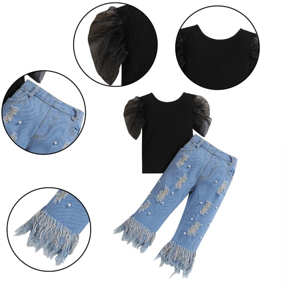 FLMEI Toddler Baby Girls 2PCS Denim Outfits Kids Summer Bubble Sleeve Knit Tops tassel Jeans with Pockets for Girls 1-6 Years